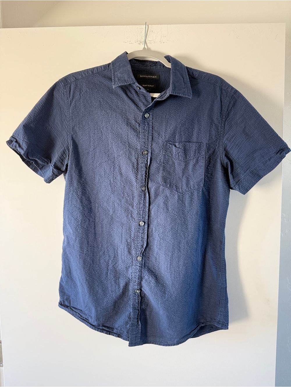 Banana Republic Grant Slim Fit Navy Short-Sleeve Textured Button-Down Shirt